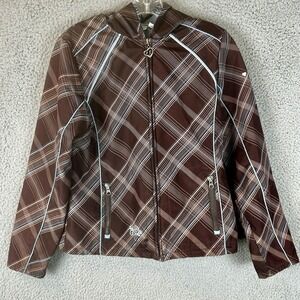 VTG Amy Byer Jacket Womens Large Brown Plaid Hoodie Sherpa Lined Y2K Skater Coat